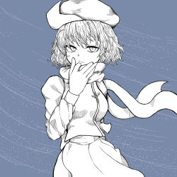 Rule 34 | 1girl, apron, blue theme, closed mouth, fe (tetsu), grey background, greyscale, hat, holding, holding clothes, holding scarf, letty whiterock, long sleeves, looking at viewer, monochrome, polearm, scarf, short hair, simple background, snowing, solo, touhou, trident, upper body, waist apron, weapon, wind