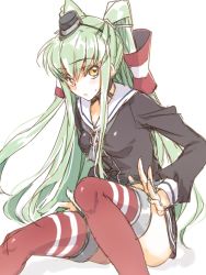 Rule 34 | 1girl, amatsukaze (kancolle), amatsukaze (kancolle) (cosplay), black panties, blush, breasts, c.c., code geass, cosplay, creayus, dress, green hair, kantai collection, long hair, looking at viewer, panties, sailor dress, school uniform, serafuku, short dress, simple background, sketch, small breasts, solo, striped clothes, striped thighhighs, thighhighs, twintails, two side up, underwear, white background, yellow eyes