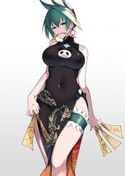 Rule 34 | 1girl, bare shoulders, black dress, blue eyes, breasts, bridal garter, china dress, chinese clothes, covered navel, cowboy shot, dress, gradient background, green hair, highres, holding, in mouth, large breasts, looking at viewer, ofuda, pochi (pochi-goya), shaman king, short hair, simple background, smile, solo, talisman, tao jun, thighs