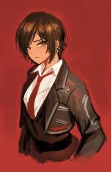 Rule 34 | 1girl, black jacket, blouse, brown eyes, brown hair, closed mouth, dark-skinned female, dark skin, dolsig ilangnolja, earrings, jacket, jewelry, limbus company, looking at viewer, necktie, outis (project moon), polo shirt, project moon, red background, red necktie, shirt, short hair, simple background, solo, white shirt