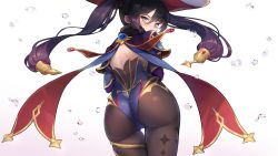 Rule 34 | 1girl, ass, blush, breasts, cape, detached sleeves, elbow gloves, from behind, genshin impact, gloves, green eyes, hair ornament, hair ribbon, hat, highres, leotard, long hair, looking at viewer, looking back, mona (genshin impact), pantyhose, purple hair, qserax2, ribbon, shiny clothes, simple background, solo, thighlet, twintails, very long hair, white background