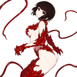 Rule 34 | 1girl, alien, biosuit, blush, bob cut, breasts, chan co, claws, gauna, gauna 491, looking at viewer, monster girl, red eyes, sidonia no kishi, simple background, solo, tail, tentacles, white background