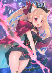 Rule 34 | 1girl, animal ear fluff, animal ears, between breasts, black leotard, blonde hair, bow, breasts, cat ears, cat tail, cloak, cowboy shot, crown, dutch angle, ereshkigal (fate), fang, fate/grand order, fate (series), fireworks, hair bow, highleg, highleg leotard, holding, holding staff, kemonomimi mode, leotard, long hair, looking at viewer, medium breasts, nail polish, open mouth, parted bangs, purple bow, red eyes, solo, staff, strap between breasts, suzuho hotaru, tail, tareme, tohsaka rin, two side up