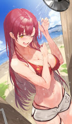 Rule 34 | 1girl, absurdres, bare shoulders, bikini, blush, breasts, cleavage, collarbone, dolphin shorts, groin, highres, hololive, houshou marine, houshou marine (summer), kakage, large breasts, long hair, looking at viewer, navel, one eye closed, open mouth, red bikini, red eyes, short shorts, shorts, shower (place), shower head, showering, smile, solo, swimsuit, thighs, virtual youtuber, wet, white shorts, yellow eyes
