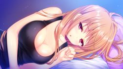 Rule 34 | 1girl, ahoge, bed sheet, blonde hair, blue eyes, blush, breasts, cleavage, female focus, game cg, jewelry, kino (kino konomi), large breasts, long hair, looking at viewer, lying, necklace, on side, open mouth, pillow, shinonome setsuna, shirogane x spirits, solo, tank top
