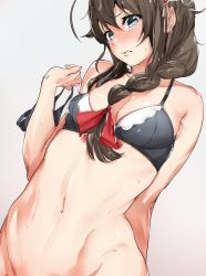 Rule 34 | 10s, 1girl, adapted costume, black hair, blue eyes, blush, braid, breasts, cleavage, collarbone, hair flaps, hair ornament, hair over shoulder, hair ribbon, kantai collection, long hair, navel, nose blush, out-of-frame censoring, panties, unworn panties, ribbon, shigure (kancolle), shigure kai ni (kancolle), single braid, small breasts, solo, sweat, tears, underwear, underwear only, upper body, yakitomato
