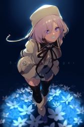 Rule 34 | 1girl, arms behind back, black ribbon, black thighhighs, breasts, brown dress, brown footwear, brown hat, commentary request, dress, echo (circa), english text, eyes visible through hair, fate/grand order, fate (series), flower, green skirt, hat, looking at viewer, lostroom outfit (fate), mash kyrielight, mash kyrielight (lostroom outfit), medium breasts, miniskirt, official alternate costume, open mouth, pink hair, pocket, purple eyes, ribbon, short hair, skirt, smile, solo, teeth, thighhighs, twitter username, white flower