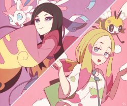 Rule 34 | 2girls, black hair, blonde hair, breasts, bright pupils, creatures (company), flying, game freak, gen 6 pokemon, gen 7 pokemon, grey eyes, gym leader, hair ribbon, japanese clothes, kimono, looking at viewer, mina (pokemon), multiple girls, nintendo, notebook, pokemon, pokemon (creature), pokemon sm, pokemon xy, ribbon, ribombee, short sleeves, signature, sleeves past wrists, small breasts, smile, ssalbulre, sylveon, trial captain, upper body, valerie (pokemon)