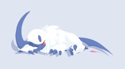 Rule 34 | absol, bright pupils, claws, closed mouth, creatures (company), game freak, gen 3 pokemon, grey background, likey, lying, mixed-language commentary, nintendo, no humans, one eye closed, pokemon, pokemon (creature), red eyes, signature, smile, solo, white fur, white pupils