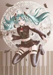 Rule 34 | 1girl, abs, absurdres, ahoge, alternate costume, aqua eyes, aqua hair, arm tattoo, belt, bkni 11, black belt, black shirt, black thighhighs, boots, choker, commentary request, feathers, flower, hatsune miku, high heel boots, high heels, highres, lace-trimmed sleeves, lace-up top, lace trim, long hair, looking at another, looking at viewer, midriff, miniskirt, musical note, navel, open mouth, red flower, red rose, rose, shirt, shrug (clothing), skindentation, skirt, smile, solo, staff (music), tattoo, thigh strap, thighhighs, thighs, treble clef, twintails, very long hair, vocaloid, wide sleeves