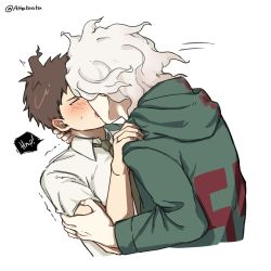 Rule 34 | 2boys, ahoge, attataata, blush, closed eyes, commentary, cropped torso, danganronpa (series), danganronpa 2: goodbye despair, facing viewer, green jacket, green neckwear, grey hair, grey shirt, hand on another&#039;s cheek, hand on another&#039;s face, highres, hinata hajime, hood, hood down, jacket, jewelry, kiss, komaeda nagito, male focus, medium hair, multiple boys, necktie, profile, ring, shirt, short hair, short sleeves, simple background, speech bubble, symbol-only commentary, twitter username, upper body, white background, yaoi