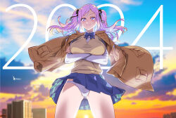 Rule 34 | 1girl, 2024, arms under breasts, bird, blue bow, blue bowtie, blue skirt, bow, bowtie, breasts, brown jacket, building, closed mouth, cloud, cowboy shot, highres, jacket, large breasts, looking at viewer, miniskirt, nashida oriha, official art, outdoors, panties, pleated skirt, purple eyes, purple hair, satou shouji, shirt, skirt, sky, smile, solo, star (symbol), star in eye, symbol in eye, triage x, underwear, upskirt, vest, white panties, white shirt, yellow vest
