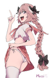 Rule 34 | 1boy, 2018, artist name, ass, astolfo (fate), astolfo (sailor paladin) (fate), bow, braid, clothes lift, cowboy shot, crop top, dated, fate/apocrypha, fate (series), hair between eyes, hair bow, hair intakes, highres, index finger raised, lifted by self, long hair, looking back, male focus, midriff, miniskirt, mozzi, multicolored hair, official alternate costume, open mouth, panties, pink hair, pink panties, pink thighhighs, purple eyes, short sleeves, side-tie panties, simple background, single braid, skirt, skirt lift, solo, streaked hair, thighhighs, trap, underwear, very long hair, white background, white thighhighs
