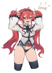 Rule 34 | 1girl, absurdres, alternate hairstyle, blush, breasts, bunching hair, clothing cutout, eris greyrat, hands up, happy, highres, holding, holding hair, kneehighs, legs, looking at viewer, mushoku tensei, open mouth, panties, red eyes, red hair, shoulder cutout, small breasts, smile, socks, solo, thick eyebrows, thick thighs, thighs, twintails, underwear, xiu kukkii