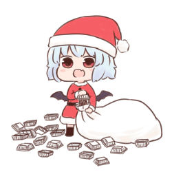 Rule 34 | 1girl, :d, batta (ijigen debris), black thighhighs, blue hair, blush stickers, chibi, commentary request, dress, fang, food, fur trim, hat, holding, nattou, open mouth, red dress, red eyes, red hat, remilia scarlet, sack, santa costume, santa hat, short hair, simple background, smile, solo, thighhighs, touhou, white background, wings