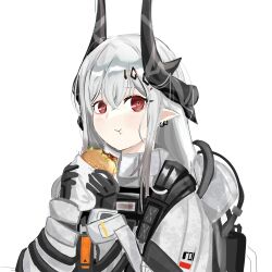 Rule 34 | 1girl, :t, arknights, bad hands, black gloves, burger, chewing, commentary, demon girl, demon horns, earrings, food, food on face, gloves, hair ornament, holding, holding food, hood, horns, jewelry, jumpsuit, kyushi (user 41158199), long hair, mudrock (arknights), pointy ears, red eyes, solo, upper body, white hair, white jumpsuit, wrapper