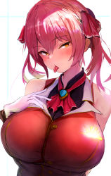 Rule 34 | 1girl, armpit crease, ascot, bare shoulders, breasts, cleavage, commentary request, gloves, hair between eyes, hair ornament, hand on own chest, highres, hololive, houshou marine, huge breasts, looking at viewer, metsu end, red ascot, red hair, revision, saliva, see-through, see-through cleavage, short twintails, simple background, sleeveless, solo, sweatdrop, tongue, tongue out, twintails, upper body, virtual youtuber, white background, white gloves, yellow eyes