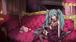 Rule 34 | 1girl, aqua eyes, aqua hair, bad id, bad pixiv id, commentary request, couch, cross-laced clothes, crossed legs, dress, fishnet gloves, fishnet thighhighs, fishnets, flower, gloves, hair between eyes, hair ribbon, hatsune miku, highres, long hair, looking at viewer, maerchen noir, petals, pink flower, pink rose, ribbon, rose, sitting, solo, thighhighs, twintails, very long hair, vocaloid