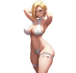 Rule 34 | 1girl, android 18, armpits, bikini, blonde hair, blue eyes, blush, breasts, commentary, covered erect nipples, dragon ball, dragonball z, earrings, english commentary, feikyart, highleg, highleg bikini, jewelry, large breasts, looking at viewer, navel, short hair, solo, swimsuit, thigh strap, thighs