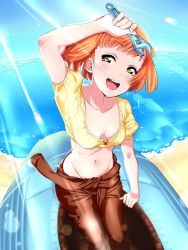 Rule 34 | 10s, 1girl, :d, bad id, bad twitter id, beach, blue sky, blunt bangs, breasts, breasts apart, collarbone, commentary, crop top, crossover, day, downblouse, english commentary, fisheye, groin, half-closed eyes, highres, holding, holding wrench, horizon, koyama mai, looking at viewer, love live!, love live! sunshine!!, medium breasts, midriff, navel, no bra, ocean, official style, open mouth, orange hair, outdoors, puffy short sleeves, puffy sleeves, ribs, shirt, short hair, short sleeves, sky, smile, solo, stomach, sunrise (company), takami chika, very short hair, wrench, yellow eyes, yellow shirt