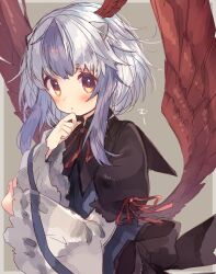 Rule 34 | 1girl, animal ears, bird wings, black bow, black capelet, black sleeves, blue shirt, border, bow, brown background, brown wings, capelet, cowboy shot, eyelashes, feathered wings, frilled sleeves, frills, grey border, hand on own arm, hand on own chin, highres, layered sleeves, light blush, long sleeves, looking at viewer, multicolored hair, neck ribbon, one-hour drawing challenge, outside border, parted lips, puffy short sleeves, puffy sleeves, purple hair, red ribbon, ribbon, shirt, short hair with long locks, short over long sleeves, short sleeves, sleeve ribbon, solo, streaked hair, thinking, tokiko (touhou), touhou, usamata, white hair, white sleeves, wide sleeves, wings, yellow eyes