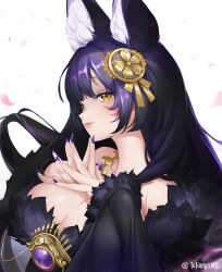 Rule 34 | 1girl, absurdres, animal ear fluff, animal ears, artist name, azur lane, breasts, cleavage, collarbone, facial mark, fox ears, fox girl, from side, gem, hair ornament, hands on own chest, highres, huge breasts, jewelry, kitsune, long hair, looking at viewer, magatama, magatama necklace, musashi (azur lane), nail polish, necklace, parted lips, petals, purple gemstone, purple nails, simple background, solo, tutanigi1901, upper body, whisker markings, white background, yellow eyes