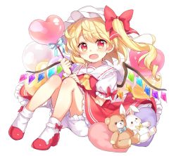 Rule 34 | 1girl, ascot, balloon, blonde hair, bloomers, blush, bobby socks, bow, bow legwear, commentary request, crystal, fang, flandre scarlet, frills, full body, hair bow, hat, heart balloon, holding, holding balloon, knees up, looking at viewer, mob cap, one side up, open mouth, paragasu (parags112), puffy short sleeves, puffy sleeves, red bow, red eyes, red footwear, red skirt, red vest, shirt, shoes, short hair with long locks, short sleeves, simple background, sitting, skirt, skirt set, socks, solo, stuffed animal, stuffed rabbit, stuffed toy, teddy bear, touhou, underwear, vest, white background, white shirt, white socks, wings