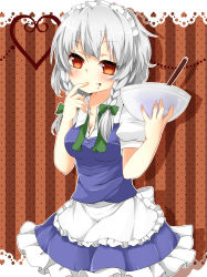 Rule 34 | 1girl, apron, bow, bowl, braid, breasts, chocolate, cleavage, female focus, finger to mouth, izayoi sakuya, maid, maid apron, maid headdress, red eyes, short hair, silver hair, solo, embodiment of scarlet devil, touhou, twin braids, waist apron, yuria (kittyluv)