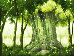 Rule 34 | aoha (twintail), bush, door, female focus, forest, grass, green theme, light, nature, no humans, scenery, sunlight, touhou, tree, tree house, treehouse, window