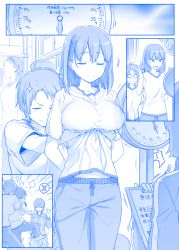 Rule 34 | 3girls, ^^^, ai-chan (tawawa), blue theme, braid, grabbing another&#039;s breast, breast lift, breasts, closed mouth, comic, flying sweatdrops, getsuyoubi no tawawa, grabbing, gym uniform, hair over eyes, himura kiseki, inconvenient breasts, jacket, large breasts, monochrome, multiple girls, navel, original, salute, short hair, side braid, silent comic, smile, snapping fingers, sparkle, speech bubble, spoken x, track jacket, volley-bu-chan (tawawa), weighing scale, weight conscious