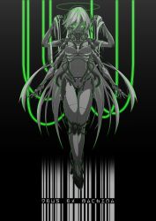 Rule 34 | 1girl, 310o sugar, android, arms at sides, barcode, colored skin, commentary, english commentary, extra arms, full body, glowing, glowing eyes, green eyes, green theme, grey hair, grey skin, hair between eyes, halo, hands in hair, highres, joints, long hair, navel, original, piston, robot joints, smirk, solo, tube, very long hair