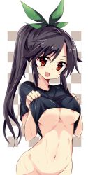 Rule 34 | 1girl, alternate hairstyle, areola slip, black hair, bottomless, bow, breasts, cleavage, clothes lift, groin, hair bow, hair ribbon, highres, jpeg artifacts, large breasts, long hair, maturiuta sorato, navel, out-of-frame censoring, ponytail, red eyes, reiuji utsuho, ribbon, shirt lift, smile, solo, sweat, touhou, underboob, wide hips