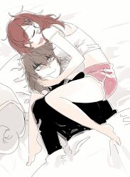 Rule 34 | 1boy, 1girl, aragaki shinjirou, barefoot, bed sheet, black sweater, breasts, brown hair, closed eyes, closed mouth, hair ornament, hairclip, highres, large breasts, lying, on back, on side, open mouth, persona, persona 3, persona 3 portable, pink shorts, shaded face, shiomi kotone, short shorts, shorts, sleeping, sweater, turtleneck, turtleneck sweater, under covers