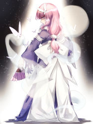 Rule 34 | 1girl, absurdres, alternate costume, blue dress, bug, butterfly, dress, hand fan, full body, ghost, highres, bug, japanese clothes, kimono, long hair, long sleeves, looking at viewer, no headwear, no headwear, obi, petals, pink eyes, pink hair, saigyouji yuyuko, sash, siam (meow13), sketch, solo, touhou, wide sleeves