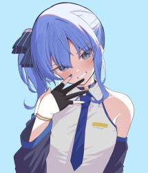 Rule 34 | absurdres, bare shoulders, blue background, blue eyes, blue hair, blue necktie, bow, choker, cosplay, deozt, detached sleeves, gloves, grin, hair bow, hatsune miku, hatsune miku (cosplay), hatsune miku (noodle stopper), highres, hololive, hoshimachi suisei, looking at viewer, medium hair, meme, necktie, parody, partially fingerless gloves, side ponytail, sidetail miku noodle stopper (meme), simple background, smile, virtual youtuber, vocaloid