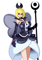 Rule 34 | 10s, 1girl, bare shoulders, black gloves, blonde hair, bracelet, breasts, butterfly wings, choker, covered erect nipples, dress, elbow gloves, fairy, fairy wings, female focus, gloves, hair ornament, happinesscharge precure!, highres, insect wings, jewelry, large breasts, precure, queen mirage, raisuta, red eyes, shiny skin, short hair, simple background, skirt, solo, staff, standing, white background, wings