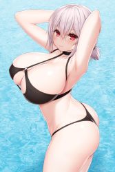 Rule 34 | 1girl, armpits, arms behind head, arms up, asamura hiori, ass, azur lane, bare shoulders, bikini, black bikini, blush, breasts, closed mouth, collarbone, hair between eyes, highres, huge breasts, looking at viewer, low twintails, o-ring, red eyes, revision, short hair, short twintails, sirius (azur lane), sirius (scorching-hot seirios) (azur lane), smile, solo, swimsuit, thighs, thong, thong bikini, twintails, water, white hair