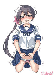 Rule 34 | 1girl, akebono (kancolle), bar censor, bell, black panties, blue skirt, blush, bow, bow panties, censored, clothes lift, collarbone, cowboy shot, cropped legs, crotchless, crotchless panties, ebifurya, embarrassed, flower, groin, hair bell, hair between eyes, hair flower, hair ornament, highres, jingle bell, kantai collection, lifted by self, long hair, looking at viewer, panties, pink bow, pink flower, pleated skirt, purple eyes, purple hair, pussy, pussy peek, school uniform, serafuku, short sleeves, side ponytail, simple background, skirt, skirt lift, solo, tears, trembling, twitter username, underwear, very long hair, white background