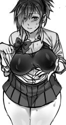 Rule 34 | 1girl, blush, breasts, chokukame, greyscale, hair over one eye, large breasts, looking at viewer, monochrome, neck ribbon, original, pleated skirt, ribbon, school uniform, simple background, skirt, solo, sports bra, sweat, white background