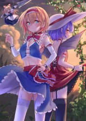Rule 34 | 2girls, adapted costume, alice margatroid, apron, back, back-to-back, backless dress, backless outfit, bare shoulders, bat wings, black legwear, blonde hair, blue eyes, blush, bow, bowtie, breasts, cleavage, closed mouth, clothes lift, cropped vest, detached sleeves, doll, dress, dress lift, eyes visible through hair, fingernails, frills, garter straps, hair between eyes, hairband, hand on own hip, hand up, hat, highres, holding, holding weapon, lance, lifting own clothes, lolita hairband, long sleeves, looking at viewer, medium breasts, medium hair, midriff, multiple girls, navel, outdoors, polearm, purple hair, red eyes, remilia scarlet, roke (taikodon), shanghai doll, short dress, sideboob, sidelocks, sideways glance, skirt, skirt lift, sleeveless, sleeveless dress, smile, standing, stomach, sun hat, thighhighs, touhou, twilight, vest, weapon, white legwear, wind, wind lift, wings