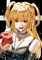 Rule 34 | 1girl, absurdres, amane misa, apple, bare shoulders, bead bracelet, beads, black background, black shirt, blonde hair, bracelet, breasts, cleavage, collarbone, cross, cross earrings, cross necklace, death note, detached sleeves, earrings, food, fruit, goth fashion, hair between eyes, hair tie, half updo, highres, holding, holding food, holding fruit, jewelry, lace sleeves, long hair, looking at viewer, medium breasts, multiple earrings, multiple necklaces, nail polish, necklace, open mouth, orange eyes, red apple, red nails, shirt, short twintails, sleeveless, sleeveless shirt, smile, solo, sparkle, studded choker, teeth, twintails, upper body, upper teeth only, xi luo an ya