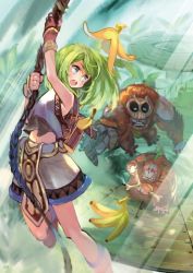 Rule 34 | 1girl, 2others, ape, armor, backpack, bag, banana, banana peel, blue eyes, boots, breastplate, brown footwear, brown gloves, commentary request, food, foot out of frame, fruit, gloves, green hair, light rays, long hair, looking at another, looking back, mask, multiple others, navel, okishiji en, open mouth, ragnarok online, rope, shorts, slingshot (weapon), sunbeam, sunlight, super novice (ragnarok online), swinging, throwing, tree, white shorts, wooden floor, wootan (ragnarok online)