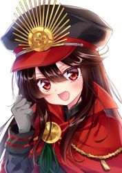 Rule 34 | 1girl, aiguillette, backlighting, black hair, blunt bangs, cloak, crest, family crest, fang, fate (series), gloves, grey gloves, hair between eyes, hand up, hat, koha-ace, long hair, looking at viewer, military, military uniform, mitsuba choco, oda nobunaga (fate), oda nobunaga (koha-ace), open mouth, peaked cap, red eyes, simple background, smile, solo, swept bangs, uniform, upper body, white background