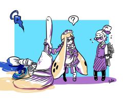 Rule 34 | 1boy, 1girl, ?, apron, arms behind back, artist name, blunt bangs, blush, bouquet, butler, cookie (zoza), death, donut (zoza), dress, flower, flying sweatdrops, hair slicked back, halo, hand on own hip, hat, hat flower, holding, holding weapon, inkbrush (splatoon), inkling, inkling boy, inkling girl, inkling player character, lollipop (zoza), long sleeves, looking at viewer, maid, maid headdress, mary janes, nintendo, octobrush (splatoon), paint splatter, pants, pointy ears, scrunchie, shirt, shoes, signature, socks, splatoon (series), splatoon 1, spoken question mark, standing, t-shirt, topknot, weapon, white hair, zoza