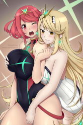 Rule 34 | blonde hair, blush, breasts, earrings, grabbing, grabbing another&#039;s breast, grin, implied fingering, jewelry, large breasts, lindaroze, mythra (radiant beach) (xenoblade), mythra (xenoblade), one-piece swimsuit, one eye closed, open mouth, pyra (pro swimmer) (xenoblade), pyra (xenoblade), red hair, selfcest, short hair, smile, swimsuit, xenoblade chronicles (series), xenoblade chronicles 2