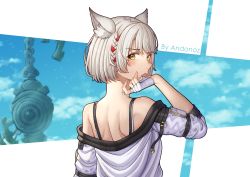 Rule 34 | 1girl, andonoz, animal ear fluff, animal ears, artist name, camisole, cat ears, fang, fingerless gloves, gloves, highres, jacket, looking at viewer, looking back, mio (xenoblade), off shoulder, open mouth, short hair, shoulder blades, solo, upper body, xenoblade chronicles (series), xenoblade chronicles 3, yellow eyes