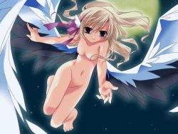 Rule 34 | 1girl, aniseed (company), asuka (relict), barefoot, blonde hair, breasts, brown eyes, feet, flying, full moon, game cg, hair ribbon, minazuki haruka, moon, night, nude, outdoors, ponytail, relict, ribbon, sky, smile, solo, star (symbol), wings