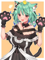 Rule 34 | 1girl, :d, ahoge, alternate breast size, animal, animal ears, animal hands, animal on head, arms up, bare shoulders, bird, bird on head, black dress, blue hair, blush, bow, breasts, brooch, cat ears, chick, collarbone, commentary request, detached collar, dress, ear piercing, ear ribbon, earrings, fang, frilled dress, frilled straps, frills, gloves, gradient hair, green hair, hair ribbon, highres, hololive, huge breasts, jewelry, looking at viewer, low twintails, mi taro333, mixed-language commentary, multicolored hair, off-shoulder dress, off shoulder, official alternate costume, on head, open mouth, paw gloves, piercing, piyoko (uruha rushia), red eyes, ribbon, see-through, see-through sleeves, short hair, short sleeves, short twintails, sidelocks, single earring, skin fang, smile, solo, twintails, uruha rushia, uruha rushia (3rd costume), virtual youtuber, w arms
