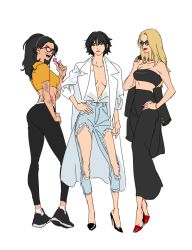 Rule 34 | 3girls, arm tattoo, bare shoulders, black footwear, black hair, blonde hair, bracelet, brown eyes, candy, capcom, closed mouth, collarbone, denim, devil may cry (series), devil may cry 5, fingernails, food, glasses, green eyes, hand on own hip, heterochromia, high heels, holding, holding candy, holding food, holding lollipop, jeans, jewelry, lady (devil may cry), lollipop, long hair, looking back, mlxgdog, multiple girls, nail polish, nico (devil may cry), open mouth, pants, red-framed eyewear, red eyes, red footwear, red lips, red nails, short hair, simple background, sleeves rolled up, smile, standing, tattoo, teeth, tongue, torn clothes, torn jeans, torn legwear, torn pants, trish (devil may cry), upper teeth only, white background