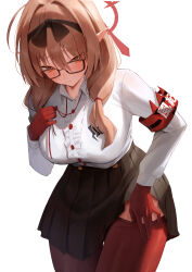 Rule 34 | 1girl, absurdres, armband, black skirt, blue archive, blush, breasts, brown hair, chinatsu (blue archive), closed mouth, collared shirt, glasses, gloves, hair ornament, halo, highres, large breasts, long sleeves, looking at viewer, orange eyes, pointy ears, red gloves, rororo, shirt, simple background, skirt, solo, white background